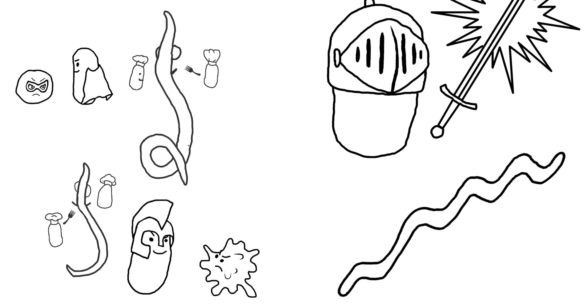 line drawings of worms and swords 