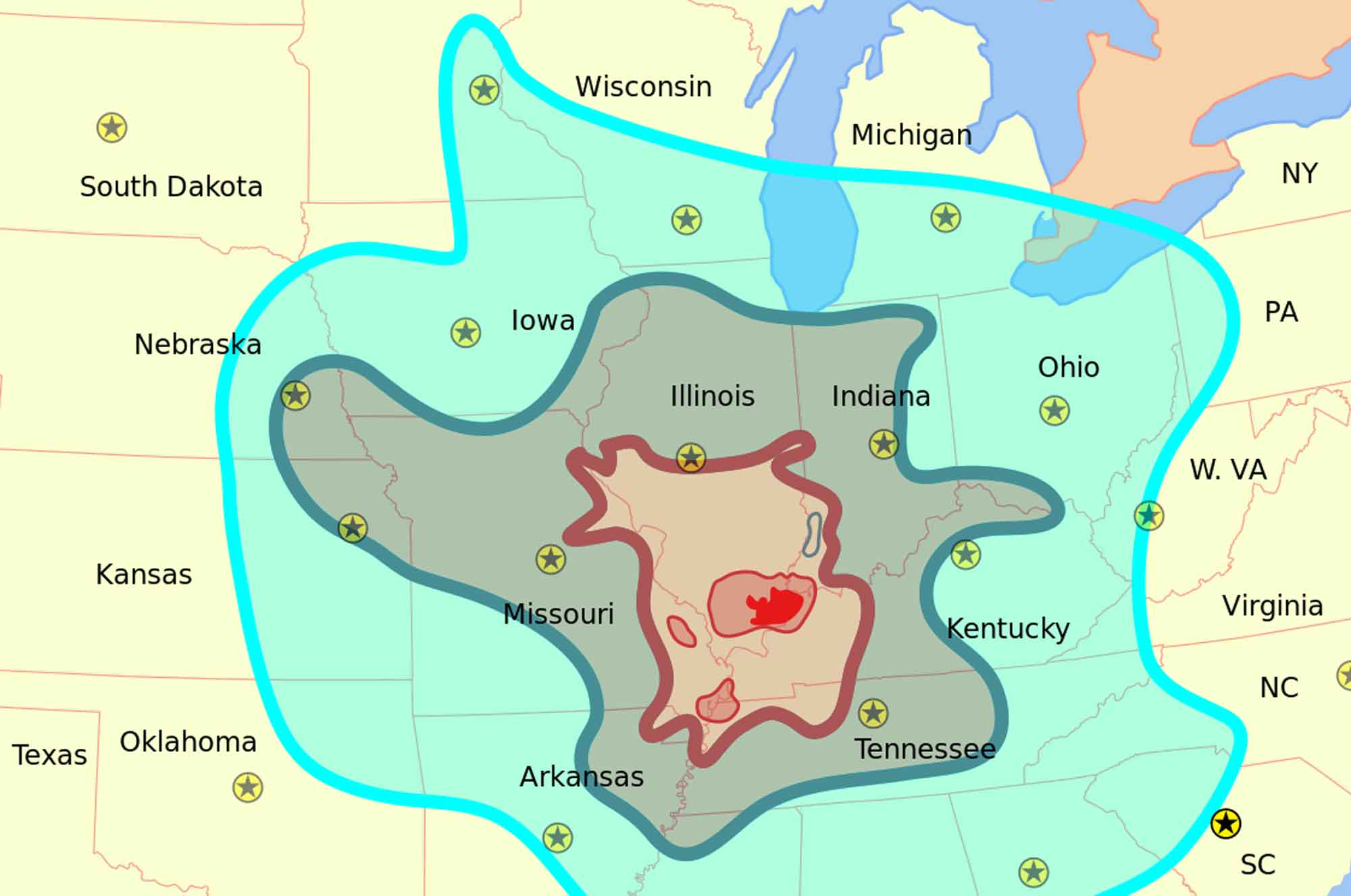 A map showing the felt areas of a midwestern US earthquake.