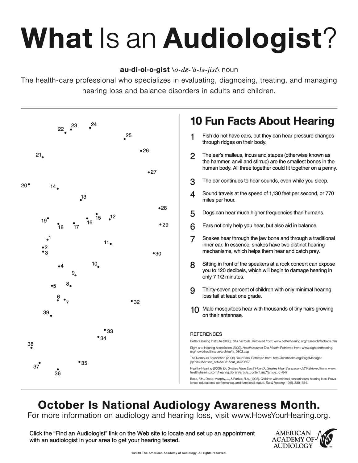A dot-to-dot activity and a list of facts about hearing.