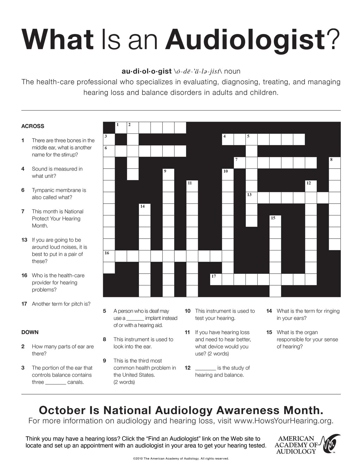 A crossword puzzle about audiology.