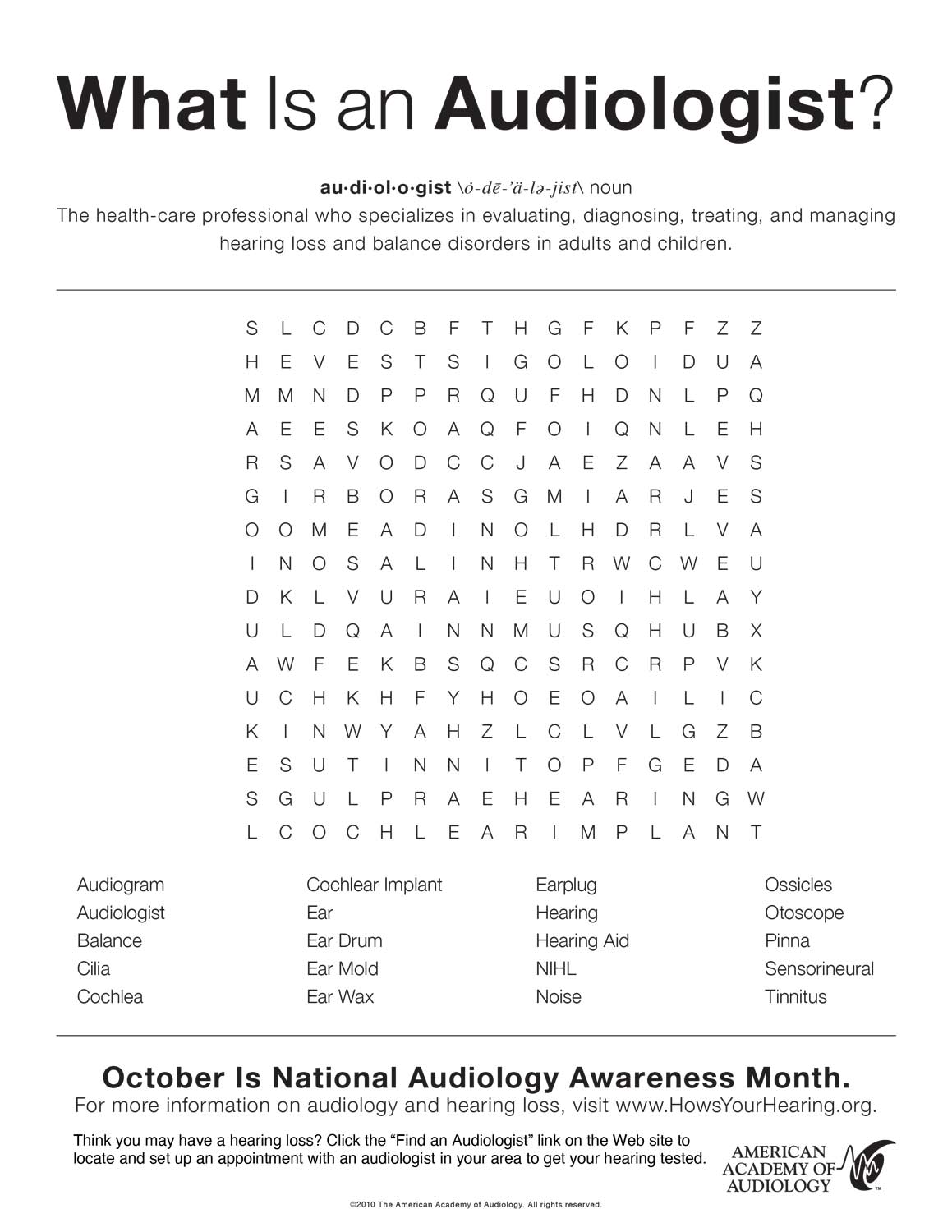 A word search puzzle about audiology.