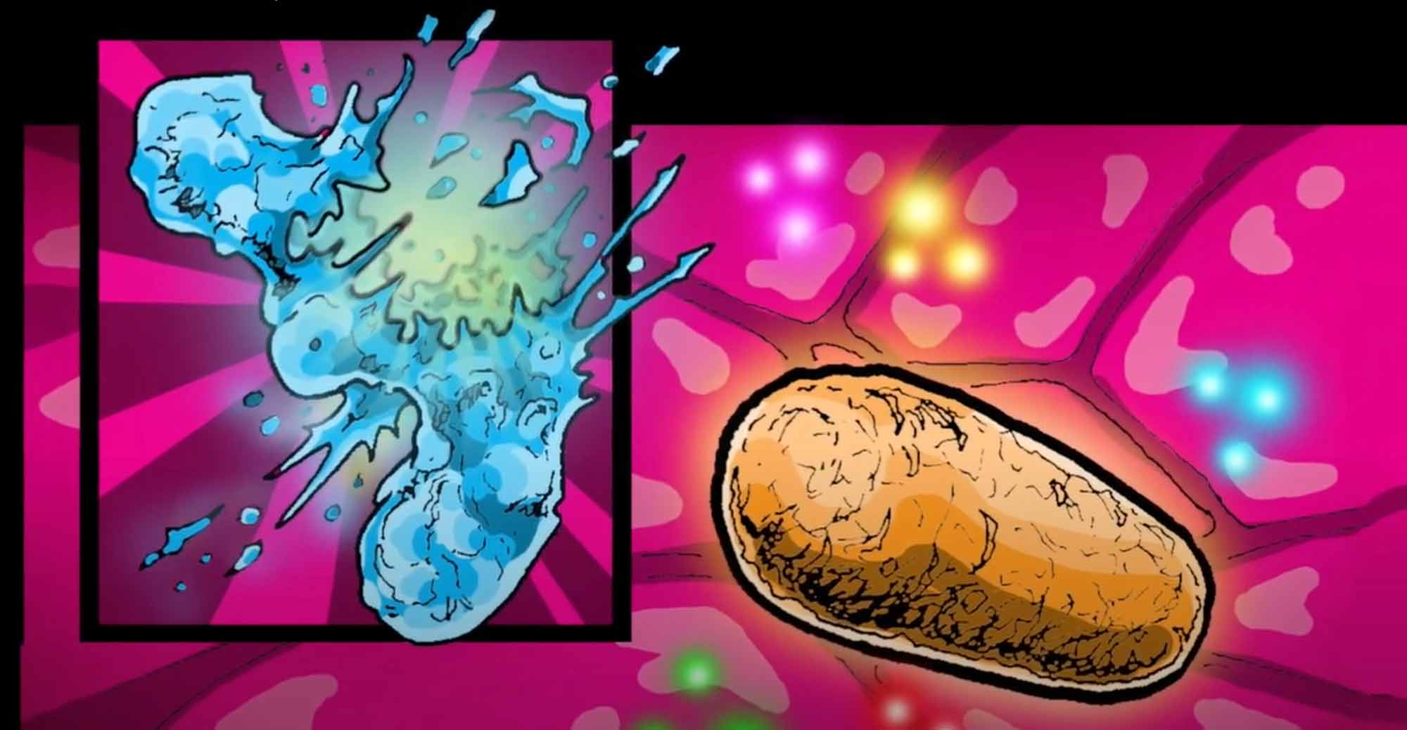 A stylized illustration of a bacterium and a splashing fluid.