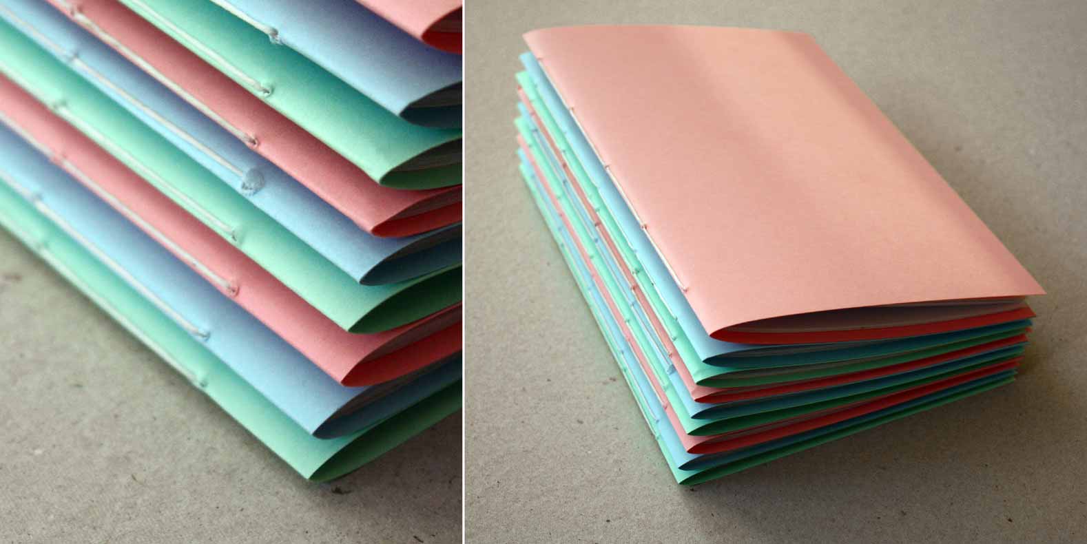 DIY three-hole punch notebooks, a close-up of colorful booklets with visible thread stitching.