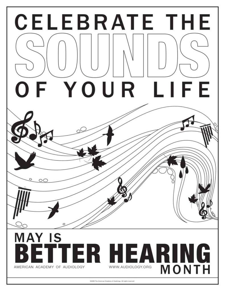 Better Hearing Month coloring page with musical notes, birds, and leaves.