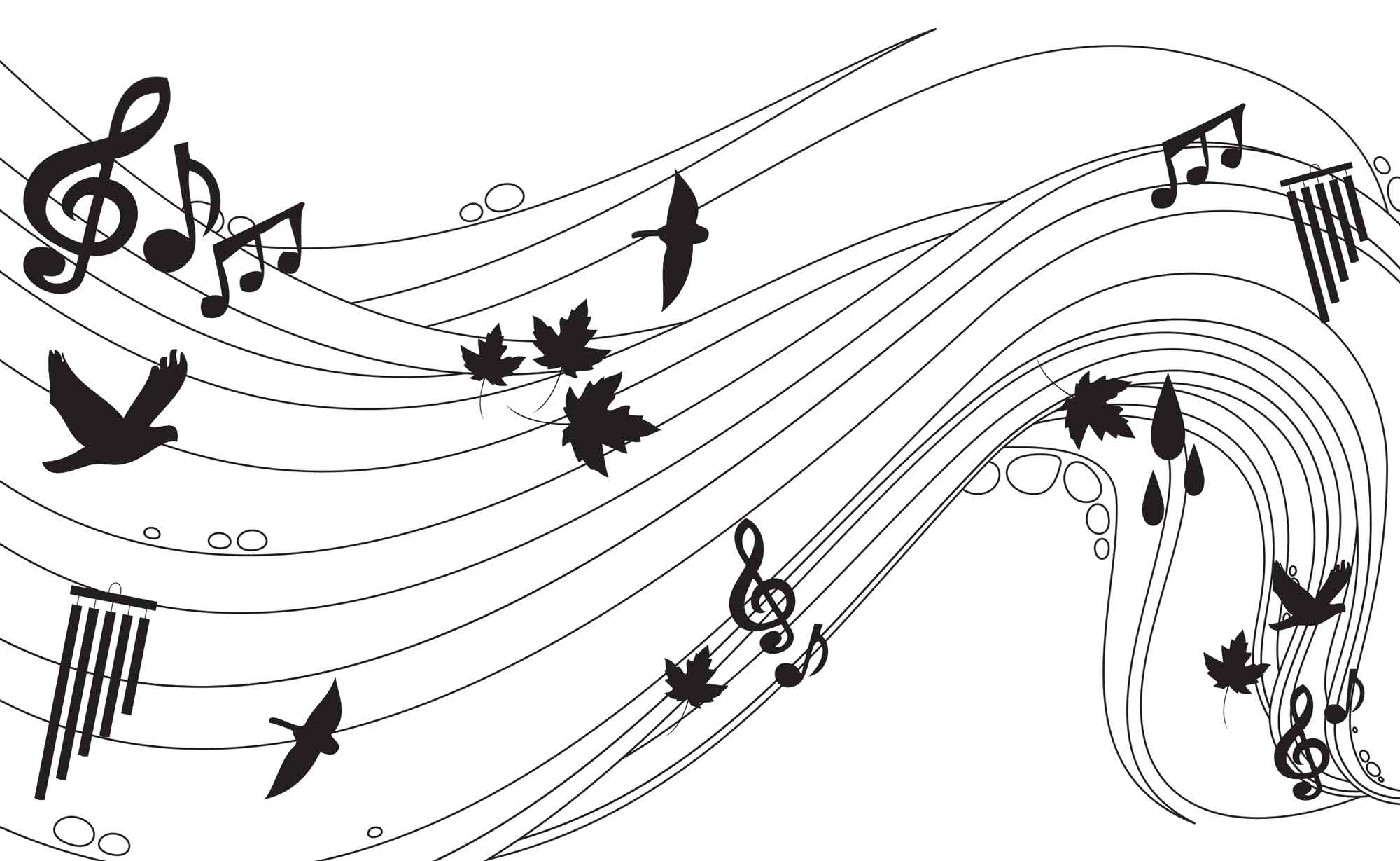 Melody of Nature, a coloring page design featuring music notes, birds, and leaves on a flowing musical staff.
