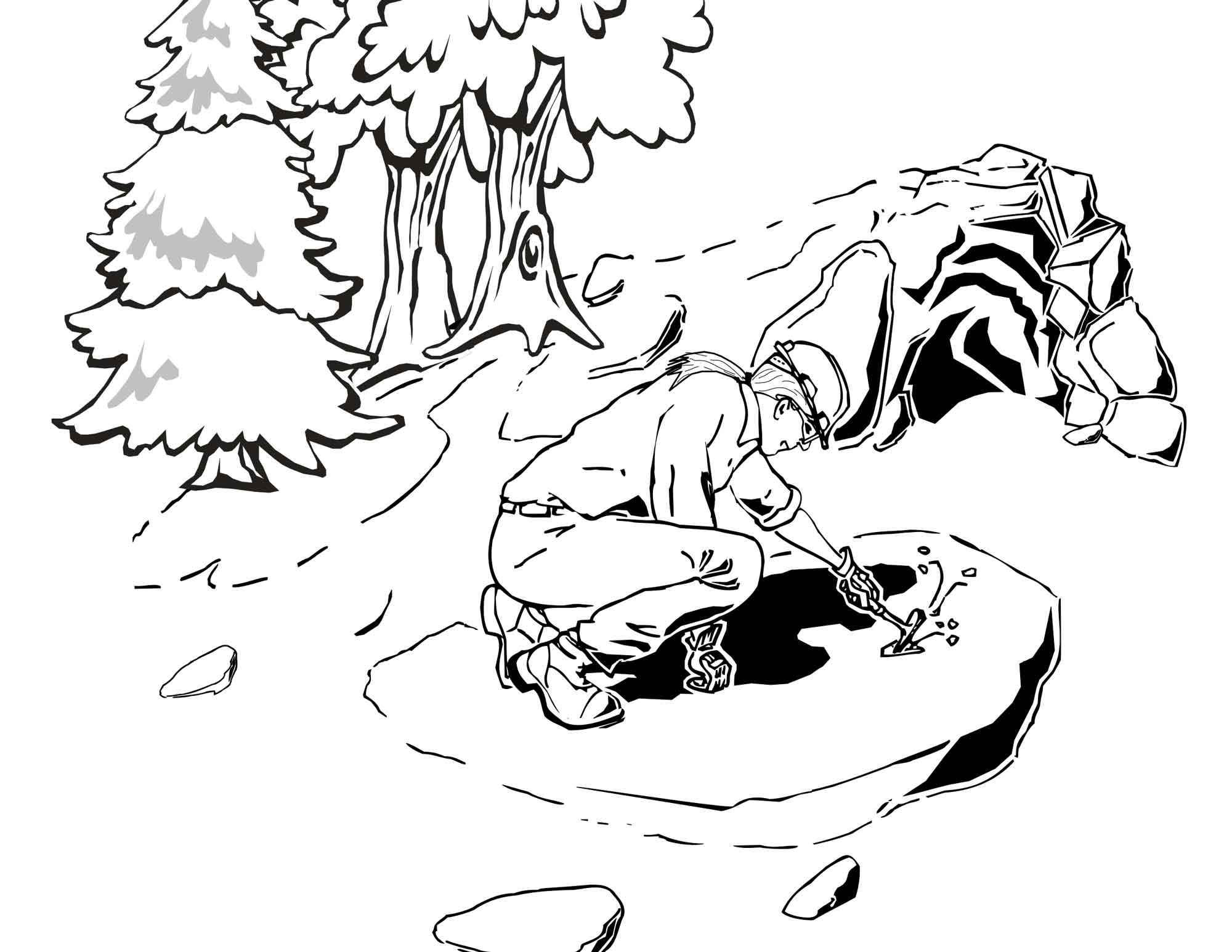 A coloring page of a person chipping a rock.