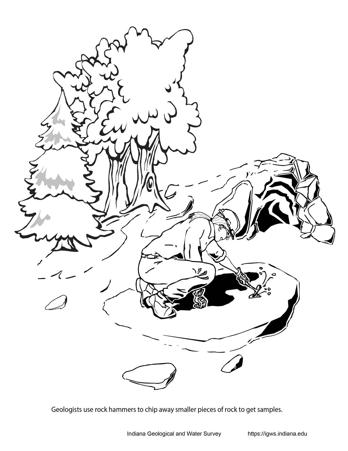 A coloring page of a person chipping a rock.