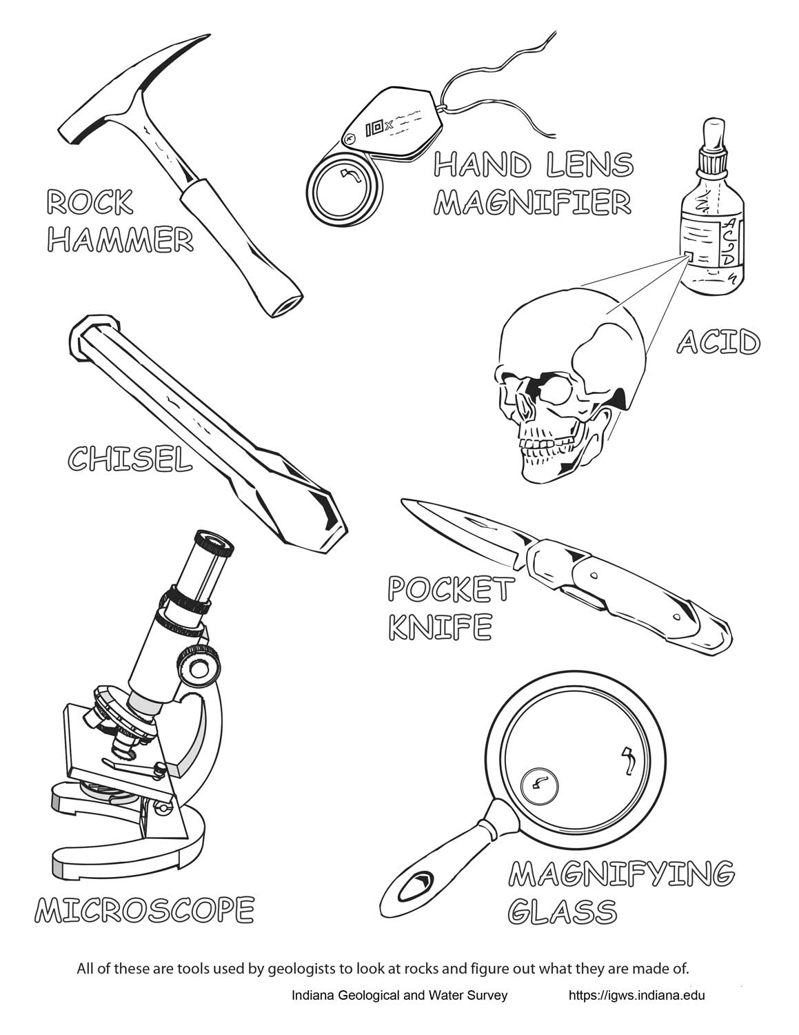 A coloring page of geology tools.