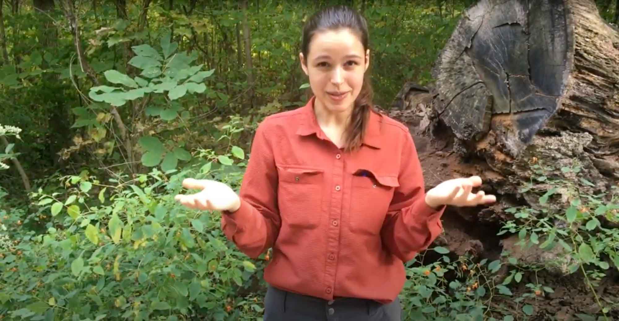 young woman with hands open standing in forest