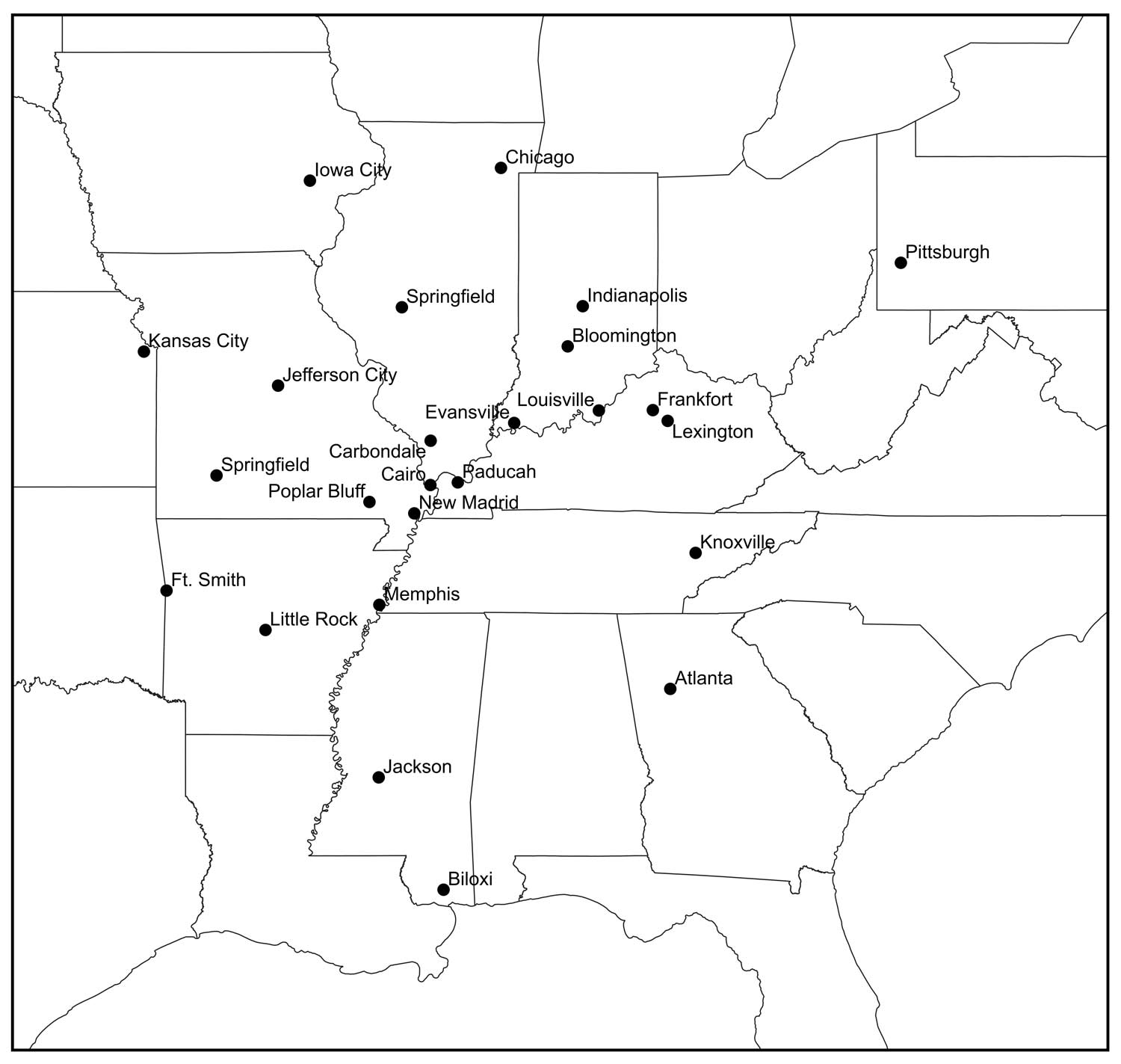 A map showing cities and state outlines in the central and eastern US.