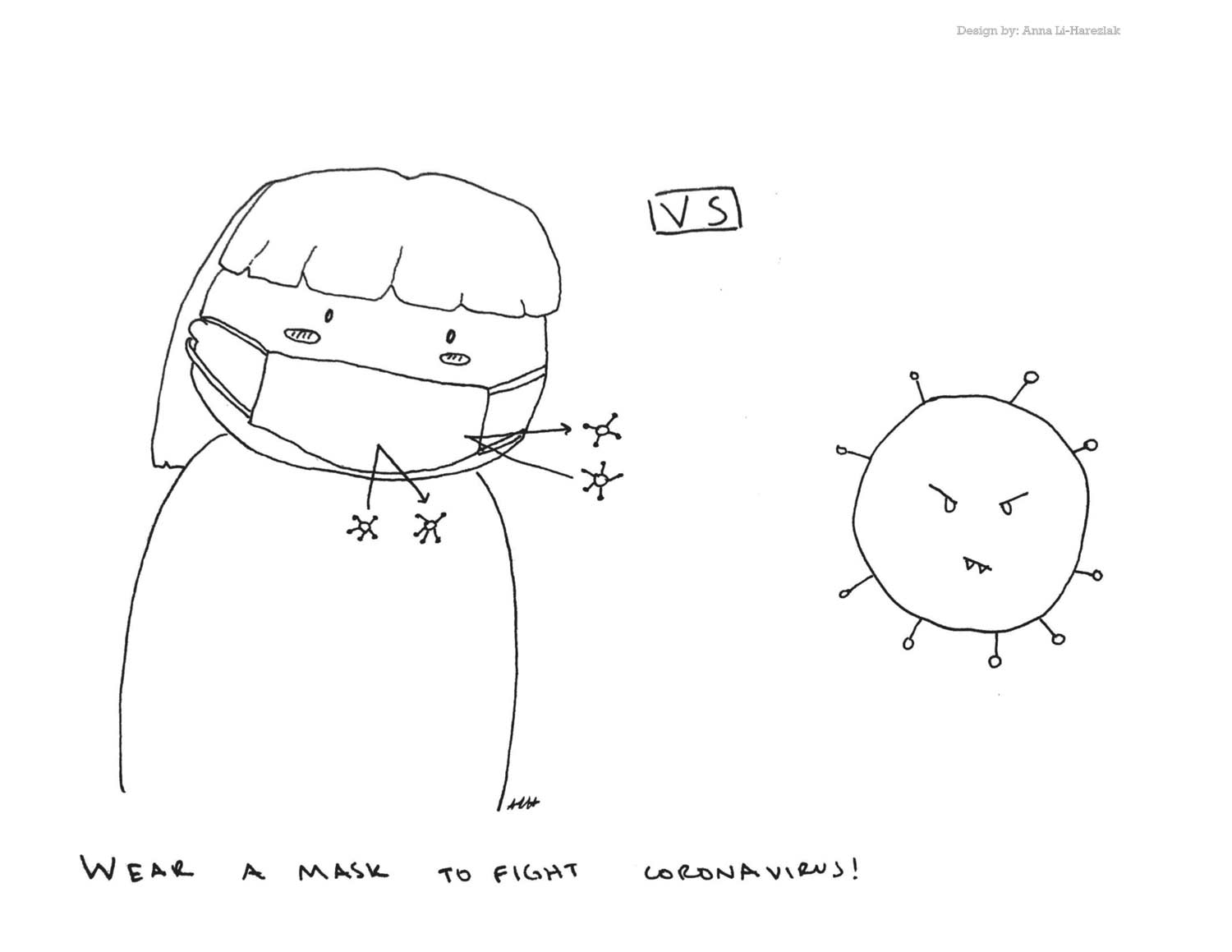 A simple coloring page illustrating a person wearing a mask to fight a virus.