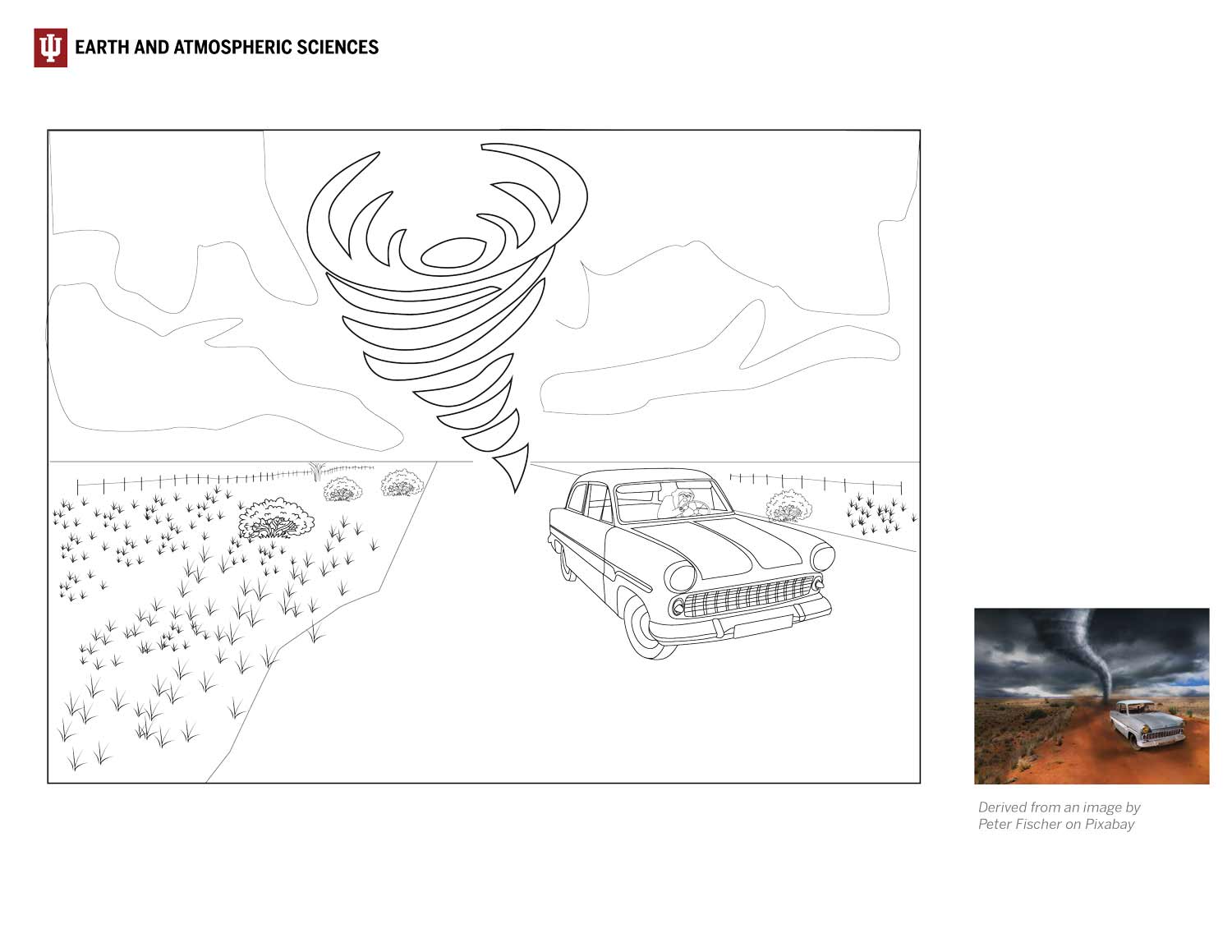 line drawing of tornado with car driving away