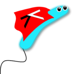 blue worm wearing a red cape with a K on the back